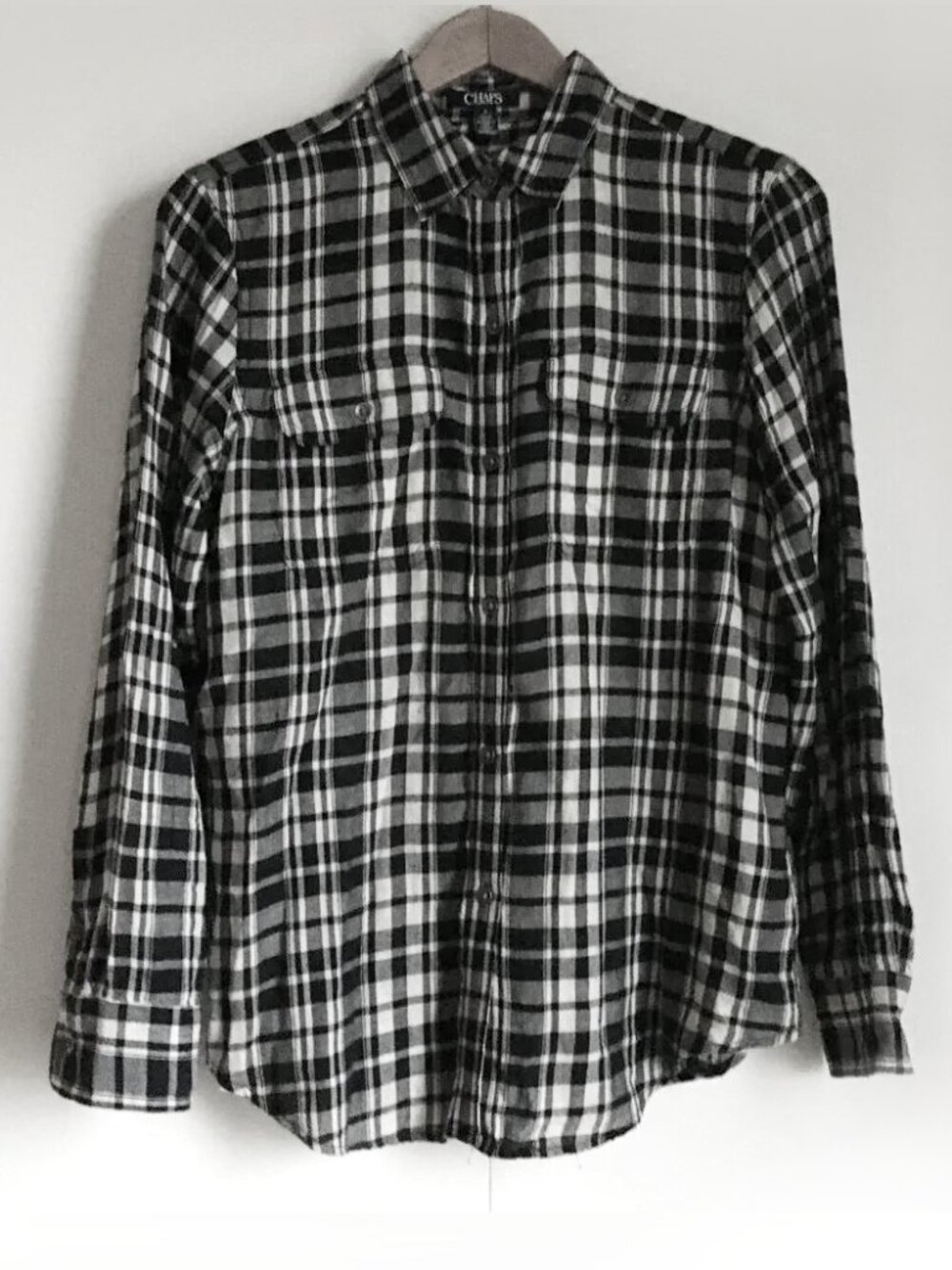 CHAPS Ralph Lauren Lineage Black White Plaid Flannel M Academic